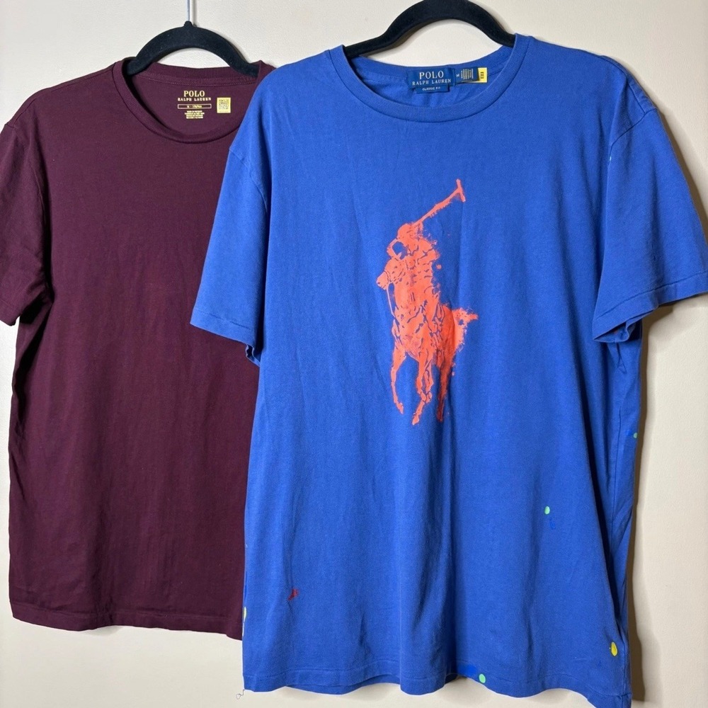 Polo Ralph Lauren Mens T-Shirt Bundle Medium Burgundy Blue Big Pony Lot of 2